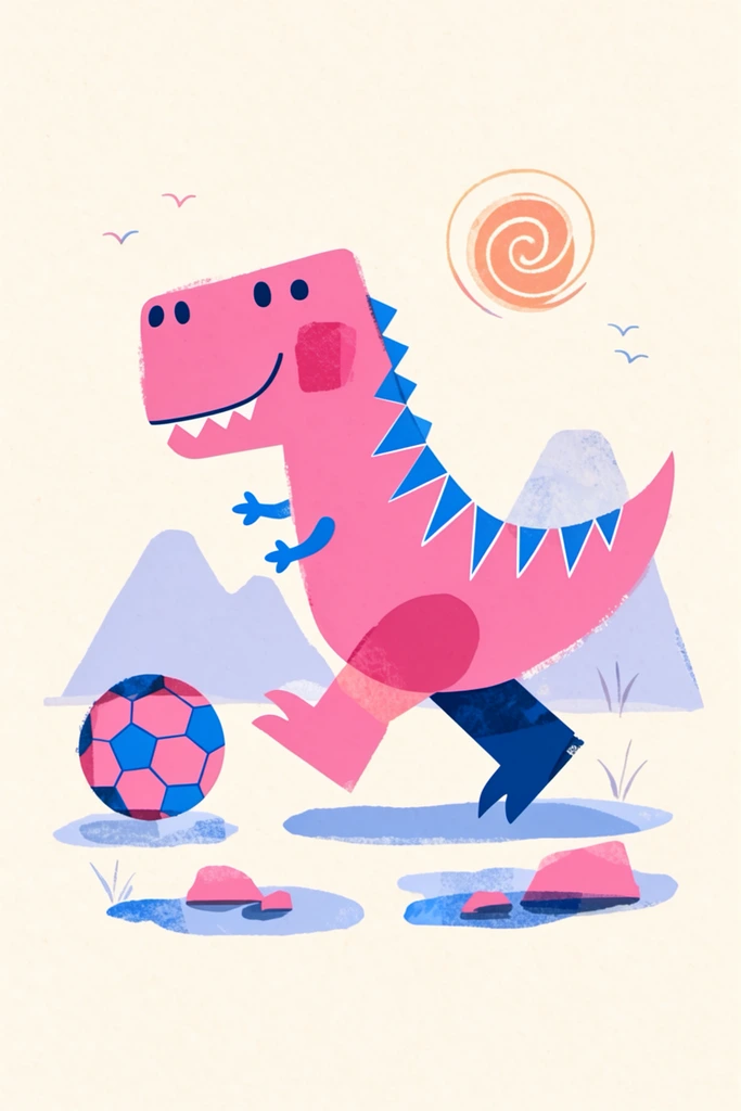 A stylized pink Tyrannosaurus rex runs toward a pink and blue soccer ball in a minimalist mid-century modern children's illustration. The cartoon dinosaur has a blocky head, a translucent dark pink cheek patch, tiny blue arms, and blue zig-zag stripes along its back. Its near leg is pink and the far leg is dark blue, displaying an overprinted color effect. The textured cream background contains a sparse landscape with lavender-blue mountain silhouettes, pink rocks on blue shadow puddles, delicate grass blades, tiny v-shaped flying birds, and a stylized spiral sun. The vector artwork features a risograph printing style with rough stamped edges, a limited pastel color palette, and overlapping translucent shapes.