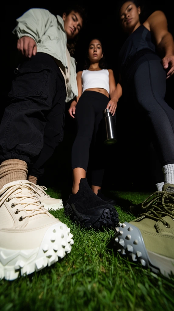 An extreme low-angle, wide-lens shot captures three pairs of chunky trail shoes resting on vibrant green grass against a pitch-black background. The extreme foreground features a cream shoe with heavy white lugs and tan ribbed socks, a central black slip-on with aggressive treads, and an olive-green sneaker with a studded grey toe cap. Looming directly above, three figures look down with stoic expressions. The left person wears a light jacket and black cargo pants. The center figure in a white crop top holds a black metal water bottle. The right person wears dark athletic wear. High-contrast flash lighting creates dramatic shadows, emphasizing the intricate footwear textures and bold forced perspective.
