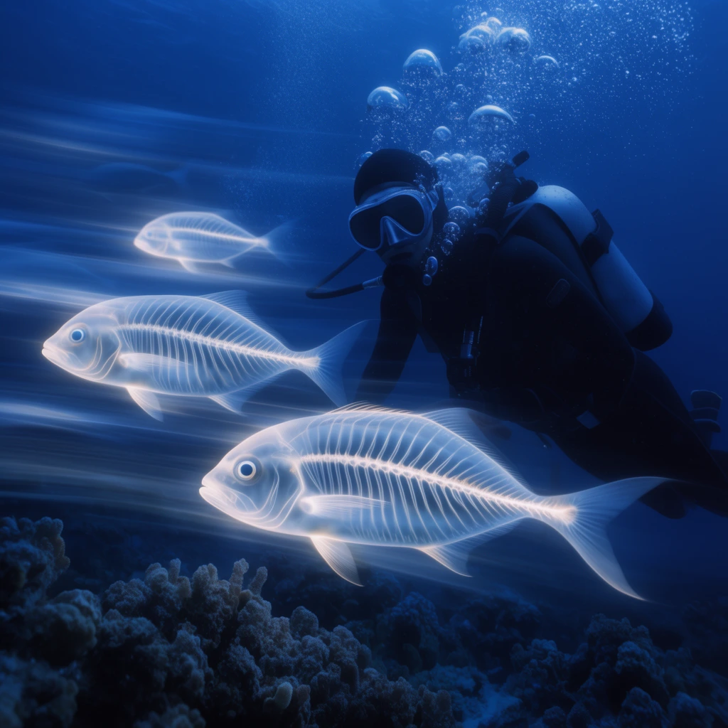 Scuba diver in black wetsuit, glowing translucent fish with ribbed skeletal patterns, horizontal motion blur trails, rising air bubbles, dark textured coral seabed, monochromatic deep blue underwater environment, surreal ethereal atmosphere, cinematic lighting