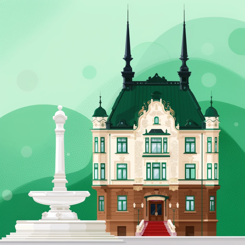 A flat vector illustration of an ornate Art Nouveau building beside a white stone fountain against an abstract mint green background. The structure features a warm brown ground level with a red-carpeted entrance staircase. Upper stories are cream-colored with forest green window trimmings and intricate facade reliefs. A steep dark green roof crowns the building, accented by two towering dark spires and smaller corner domes. To the left, the stark white fountain features a wide tiered basin and a tall central pillar. The backdrop incorporates sweeping organic green waves, translucent floating circles, and subtle dot-matrix halftone textures in a clean, crisp-edged digital art style.