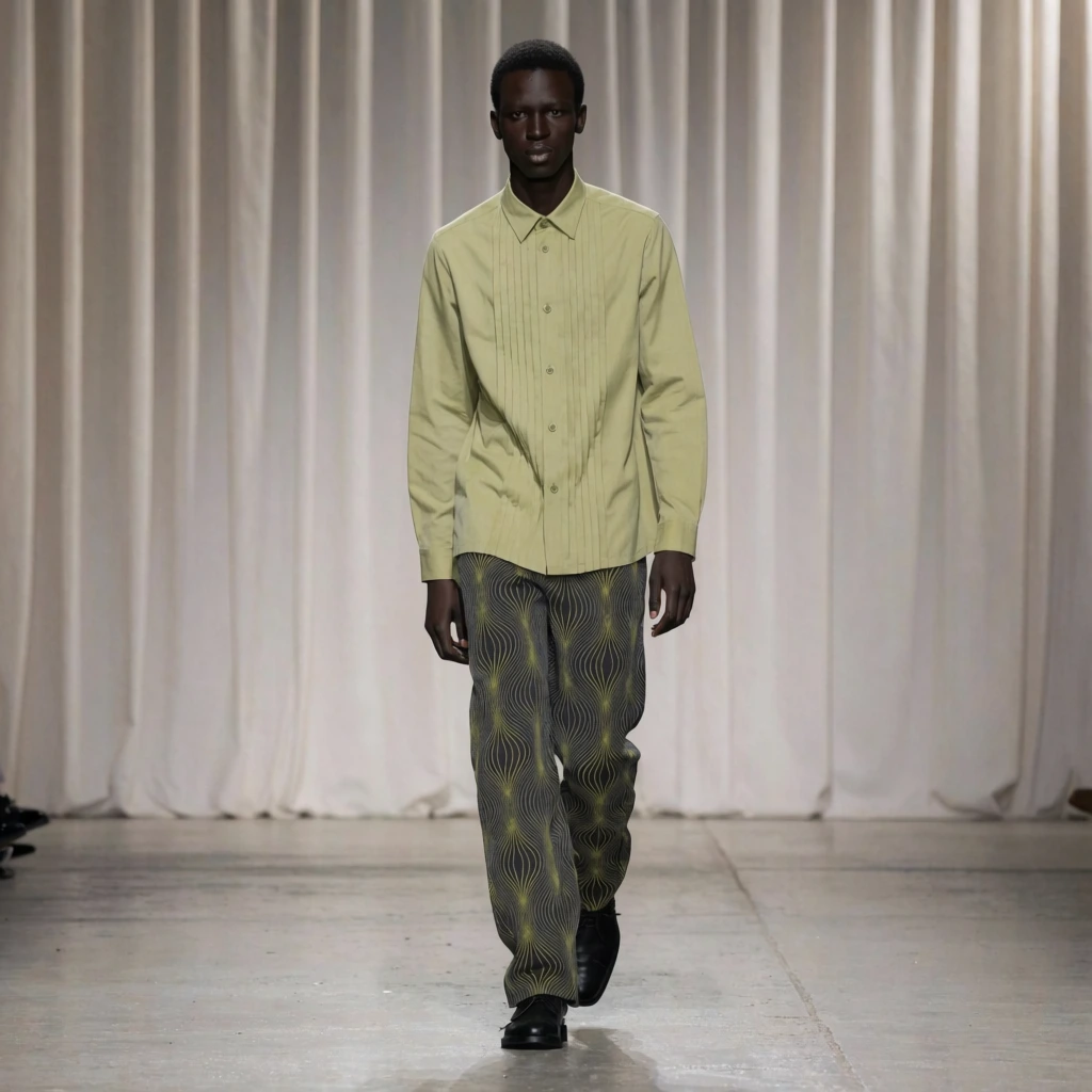 dark-skinned male fashion model walking on a runway, light olive green button-up shirt featuring vertical front pleats, dark grey trousers patterned with yellow moiré waves, black shoes, neutral expression, off-white pleated curtain background, polished concrete floor, soft diffuse lighting, runway fashion photography