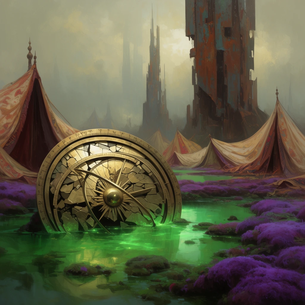 Shattered brass astrolabe in glowing green swamp, purple moss, nomadic silk tents, towering rusted spires, hazy sky, painterly sci-fi digital art, wide composition