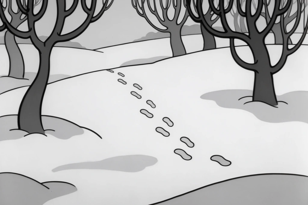 A sweeping snow-covered field marked by a trail of stylized footprints, flanked by bare trees with sinuous, curving, rubber-hose-style branches. The landscape is rendered in a crisp vintage 1930s cartoon aesthetic using a strictly monochromatic greyscale palette of pure black, bright white, and flat medium-grey tones. Thick, smooth, and highly consistent black outlines deeply define every element, from the undulating snowdrift contours to the stark, whimsical tree trunks. The composition features clean, vector-quality linework with solid color fills and very soft, minimal shading, evoking classic early animation cell art characterized by smooth, flat surfaces and bold, high-contrast visual elements.
