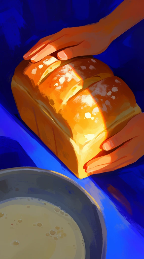 A digital painting captures hands gently holding a freshly baked loaf of golden bread bathed in dramatic sunlight against a deep blue background. The top hand rests on the crust, while the bottom hand supports the side. The rectangular bread features a scored top dusted with white flour spots. A sharp diagonal shaft of warm light illuminates the center of the loaf and the warm skin tones of the hands, leaving the edges in shadow. In the lower left foreground, a grey-blue bowl holds a creamy liquid dotted with small bubbles. The background and surface are rendered in intense ultramarine blue with visible, expressive brushstrokes. The artwork employs a stylized, painterly technique with thick strokes and high-contrast chiaroscuro, emphasizing the vivid interplay between glowing amber highlights and cool, saturated blue shadows.