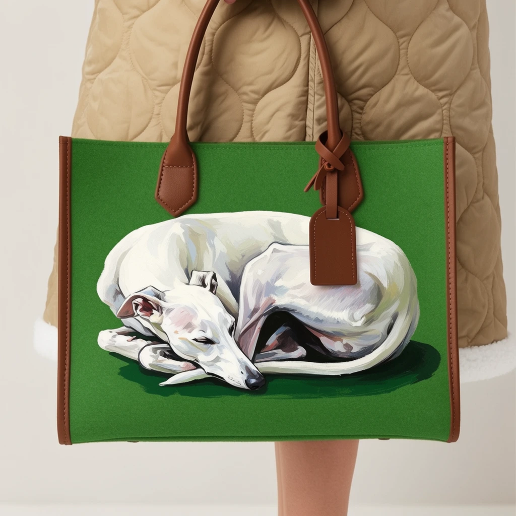 A vibrant grass-green rectangular tote bag featuring a painted-style illustration of a tightly curled white greyhound rests against a person's side. The sleeping dog is rendered with expressive brushstrokes over a dark green shadow. The bag has a matte, felt-like texture with brown leather top handles, a hanging blank leather tag, and brown leather trim along its edges. The individual carrying the accessory wears a light tan quilted coat with wavy stitching and a white fleece lining at the hem, with a bare lower leg visible below. The tight mid-body crop is shot against a minimalist off-white studio backdrop, utilizing soft, even lighting to emphasize the rich textures of the quilted fabric, smooth leather accents, and the vivid canine graphic.