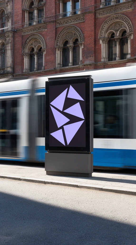 freestanding urban advertising billboard, dark poster featuring abstract light purple geometric triangles, speeding white and blue tram blurred in motion directly behind, historic red brick building with ornate stone arched windows in background, paved asphalt street, strong diagonal shadow across foreground, bright daylight, sharp focus on central display, heavy motion blur on passing vehicle, realistic urban street photography