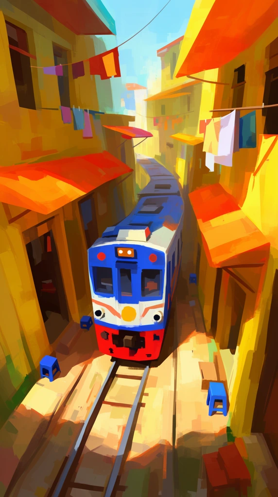A stylized digital painting of a blue, white, and red train traveling along tracks squeezed through a remarkably narrow alleyway. Flanked by sunlit yellow buildings with orange awnings, hanging laundry, and tiny blue stools, the scene is rendered with expressive, blocky brushstrokes. Vibrant saturated colors and high-contrast golden sunlight cast deep shadows, creating a dynamic, warm atmosphere.