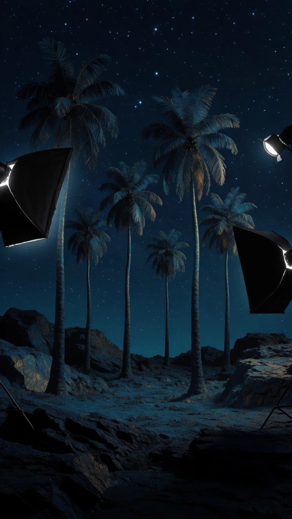 wide-angle meta-studio composition, six slender palm trees rising from craggy rocky terrain under a celestial starry night sky, scene framed by two prominent black softbox studio lights with visible stands, high-contrast teal and amber color grade, saturated golden highlights on jagged surfaces, hyper-detailed texture, heavy cinematic grain, surrealist commercial art direction, sharp focus, theatrical lighting rig.