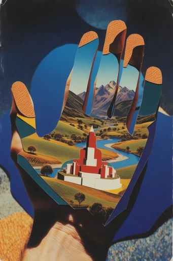 Surreal Retro-Cosmic Collage style reference image — vintage die-cut collage