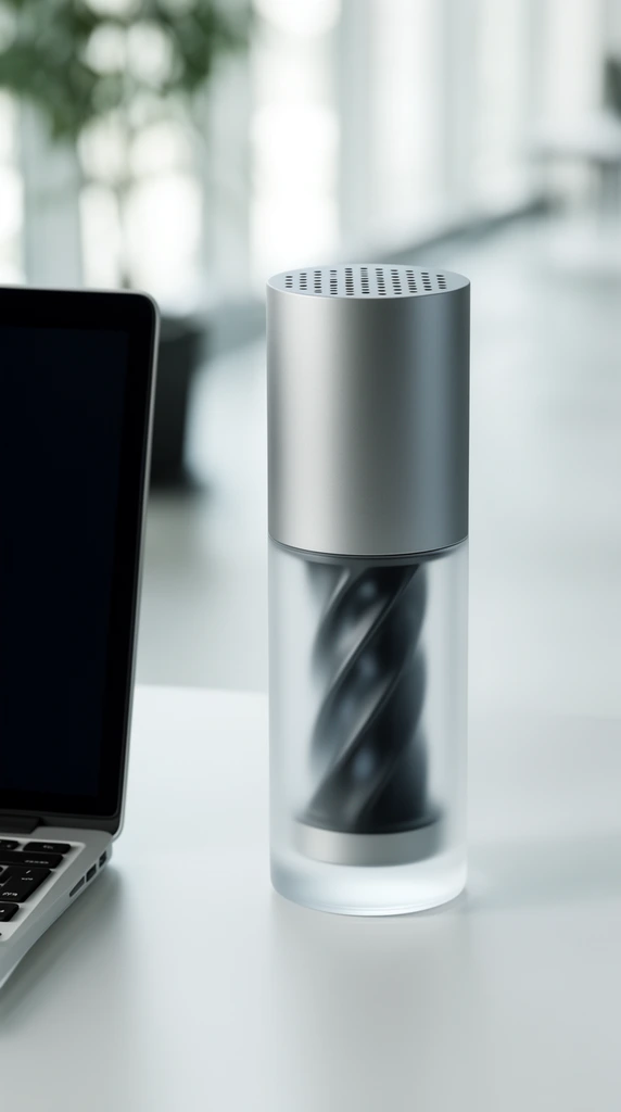 sleek cylindrical electronic device and partially visible laptop on a smooth white desk, main device features a matte silver metallic top with ventilation holes and a frosted translucent glass base, dark twisted internal structural core visible through the glass, laptop on the left with dark screen and silver chassis, out-of-focus bright modern interior background, blurred green plant silhouette, high-end product photography, soft diffused daylight, shallow depth of field, minimalist industrial design