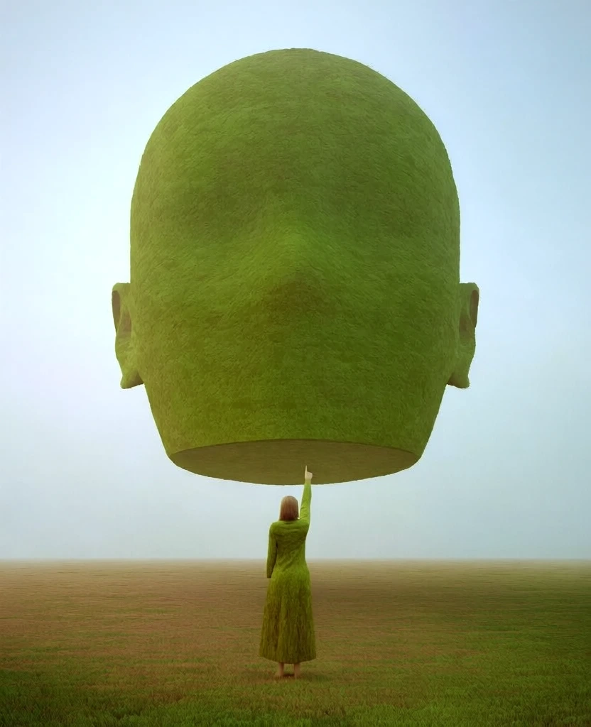 minimalist liminal space aesthetic, low-angle centered composition, soft diffused lighting, hazy overcast atmosphere, a woman standing in a vast hall pointing at a large hyper-realistic floating head, surreal dreamlike quality, vibrant moss green and pale blue color palette, high-resolution cgi, uncanny valley atmosphere, minimalist architectural design, atmospheric haze, cinematic framing, sharp focus, flat manicured textures, smooth monolithic surfaces, ethereal mood, monumental scale