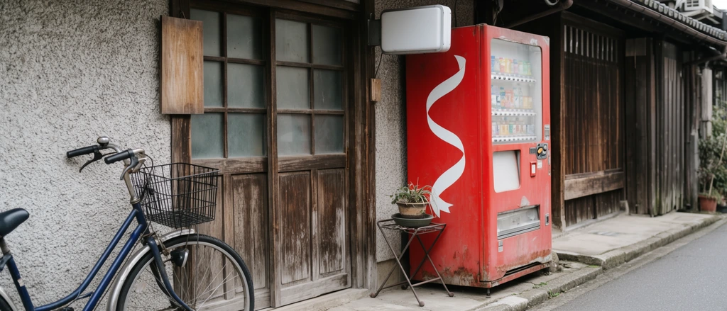 A quiet street vignette features a weathered, bright red vintage vending machine with a sweeping white ribbon graphic, positioned next to a traditional sliding wooden door with frosted glass panes. To the left, the front half of a dark blue bicycle with a black wire basket rests against a rough, light grey stucco wall. Between the door and the machine, a folding metal stand holds a small potted plant. A blank white lightbox sign is mounted overhead, and an unadorned wooden plaque hangs near the doorframe. The objects sit on a low concrete curb bordering smooth grey asphalt. The documentary-style photograph utilizes soft, diffused daylight, emphasizing the sharp contrast between the vibrant red of the retro machine and the surrounding muted, earthy tones of the worn wood, textured stucco, and paved street.