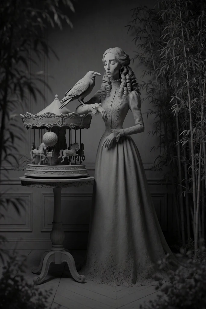 A monochromatic surreal diorama features an elegant woman with severe angular features holding a large raven beside a miniature carousel. The woman, styled with long curly hair and a high-collared Victorian lace gown, stands with closed eyes, cradling the bird on her forearm. To her left, the pedestal-mounted carousel displays intricate baroque flourishes, tiny horses, and a hot air balloon. They stand in a dimly lit, gray-toned room with wainscoted walls, flanked by a dense thicket of bamboo to the right and out-of-focus foliage in the foreground. Rendered in stark grayscale like a smooth clay maquette, the low-key lighting and uniform matte textures create a dreamlike, melancholic atmosphere.