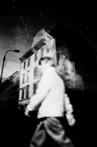 Spectral Monochrome Noir style reference image — surreal double exposure