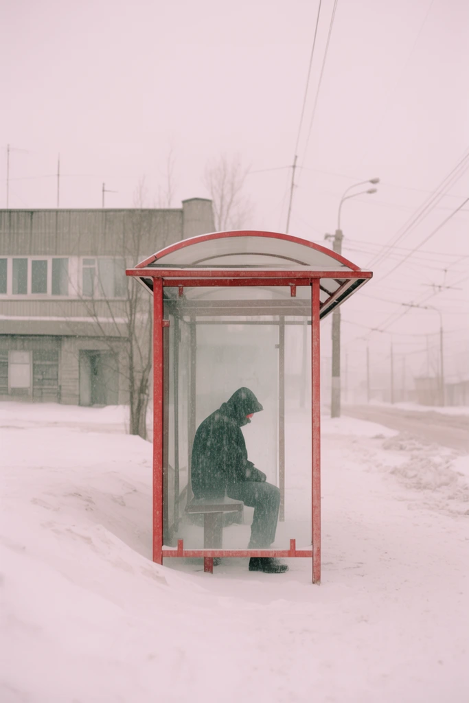 seated figure in red-framed glass bus shelter, heavy snow, desolate winter street, grey building, overhead power lines, pale overcast sky, muted pastel palette, documentary photography