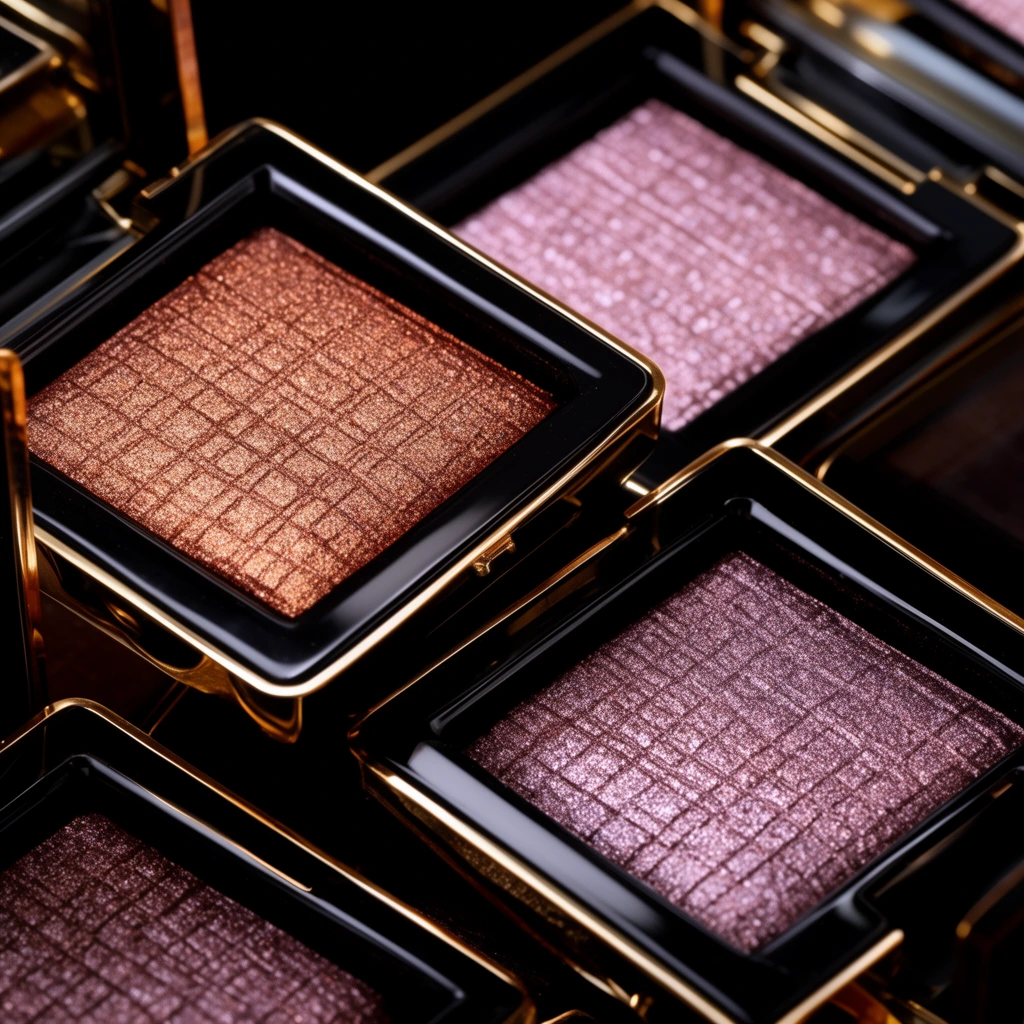 macro photography of square cosmetic powder palettes, overlapping geometric arrangement, copper and mauve shades, shimmering crosshatch texture, glossy black casing with metallic gold trim, dramatic studio lighting, shallow depth of field