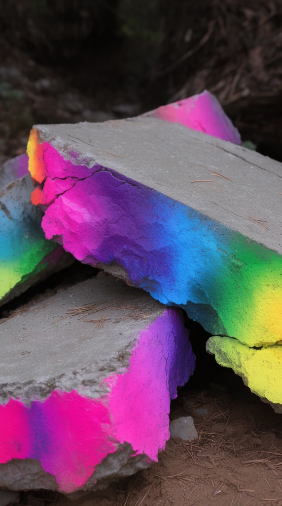 A close-up of heavy, broken concrete slabs with jagged edges vividly spray-painted in fluorescent gradients of magenta, purple, electric blue, green, and yellow. The rough, intensely saturated cross-sections contrast sharply with the flat, matte gray top surfaces scattered with dry pine needles. These colorful, fractured stone fragments rest on a bed of brown earth, set against a dark, heavily blurred background of organic forest textures and deep shadows.