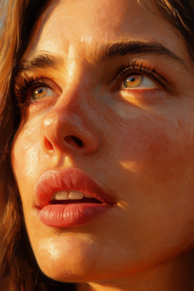 extreme close-up portrait of a woman looking upward, hyper-realistic oil painting, visible impasto brushstrokes, warm directional sunlight, hazel eyes, parted full lips, textured skin, warm amber palette