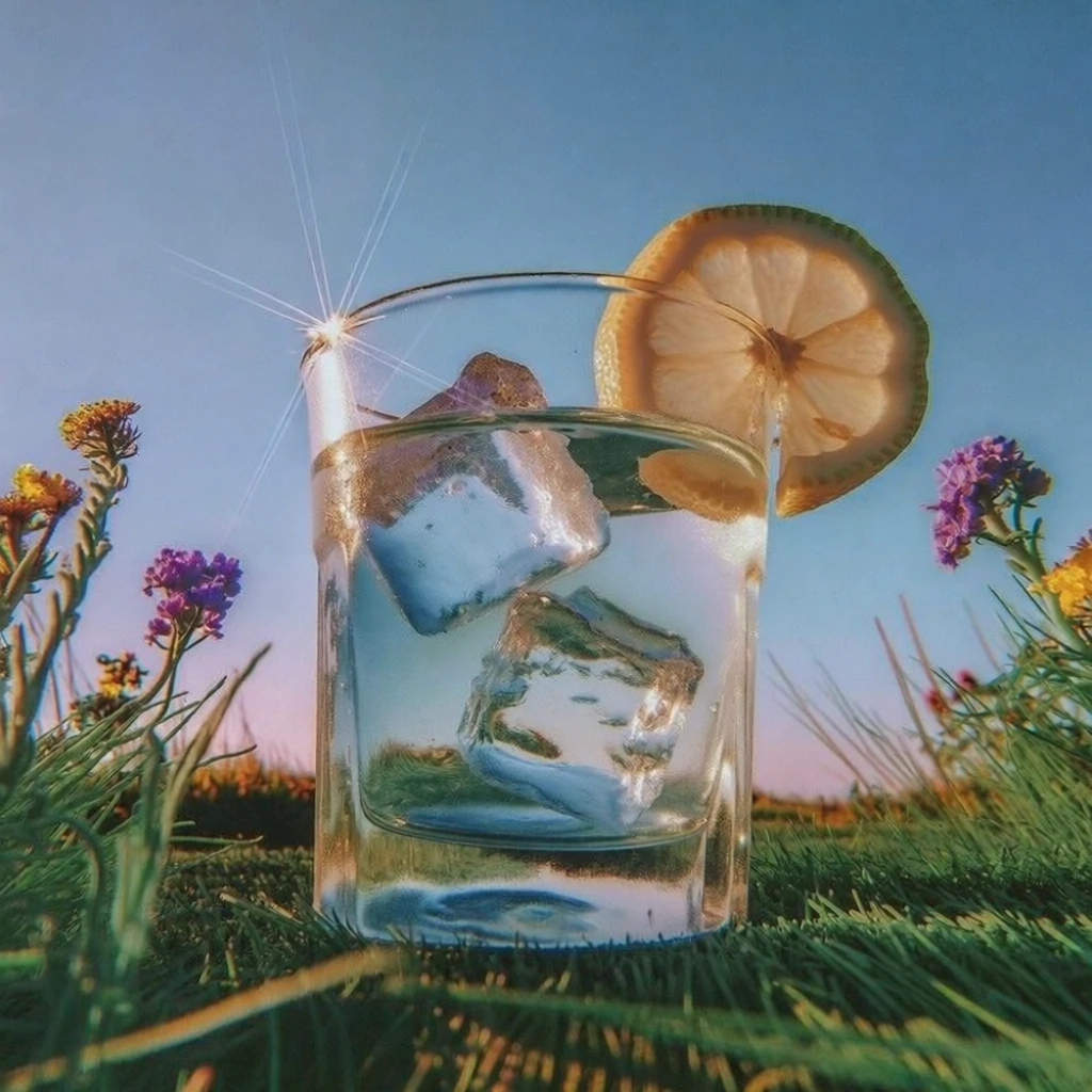 low-angle wide-angle macro, single glass tumbler with clear liquid and ice, lemon slice on right rim, resting on a flat grassy plane, foreground cluttered with tall wildflowers, expansive clear blue sky, hard direct golden hour light, high contrast with specular highlights, heavy film grain, nostalgic 90s editorial aesthetic, hazy chromatic aberration, vibrant dream-pop palette, sharp focus on glass, shallow depth of field