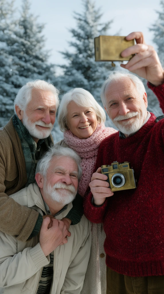 four elderly friends taking a group selfie, man on right holding a retro brass camera wearing a crimson wool sweater, woman in a pink knitted scarf, man on left playfully lifting a shorter friend in a beige jacket, frosted pine trees background, snowy landscape, shallow depth of field, bright daylight, cinematic shot