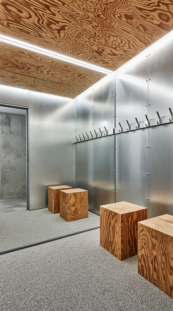 minimalist industrial fitting room, brushed metal wall panels with exposed rivets, highly patterned wood grain ceiling panel, matching wooden cube stools, floor-to-ceiling mirror reflecting the space, speckled gray carpet, silver metal coat hooks on a wall rail, open doorway to a bare concrete room, bright architectural lighting, contrasting organic and sterile textures