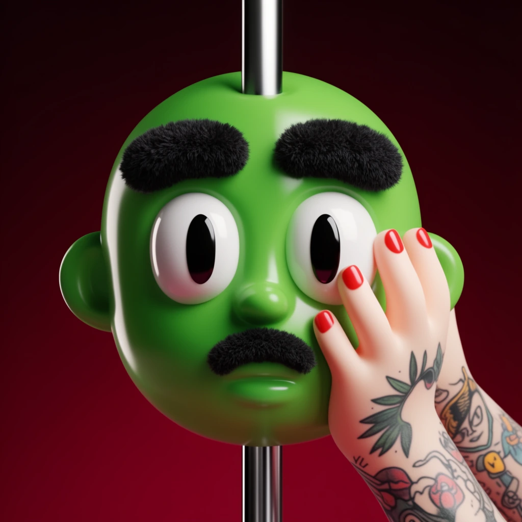 3D render of a stylized bright green head impaled on a shiny vertical metal rod, smooth glossy vinyl texture, oversized cartoon eyes, thick fuzzy black eyebrows, small black mustache, pale hand with red fingernails and arm tattoos gripping the right side of the face, deep maroon gradient background, dramatic studio lighting, pop surrealism toy aesthetic, soft reflections