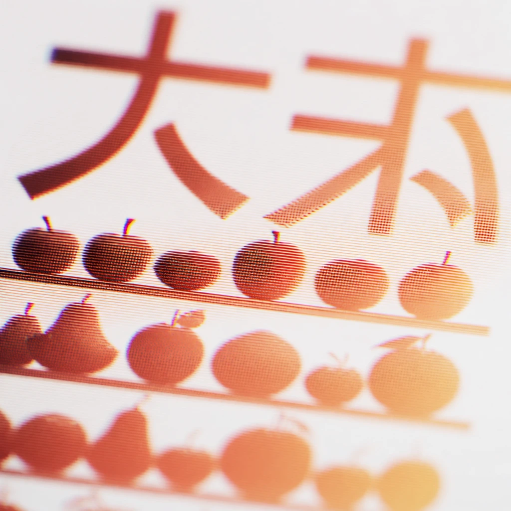 macro photography of minimalist typographic characters positioned above linear shelves stocked with organic fruit silhouettes, rendered entirely through high-frequency horizontal scanlines and moiré interference patterns, warm gradient palette of terracotta and apricot bleeding into a sterile white background, extreme shallow depth of field with sharp central focus and soft bokeh periphery, stochastic halftone dither texture, digital screen artifacting, contemporary graphic design aesthetic.