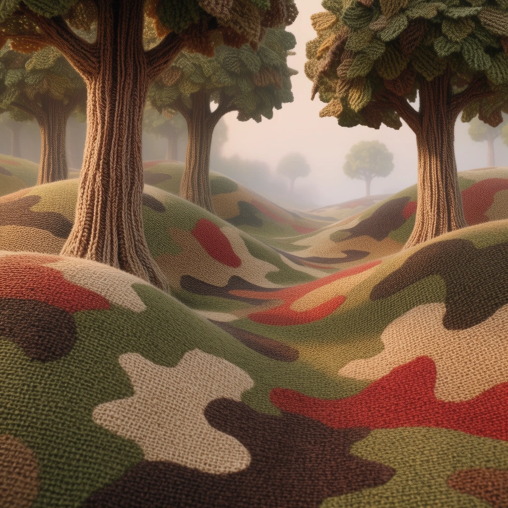 A surreal textile landscape of undulating hills patterned with large camouflage shapes in earthy olive green, tan, rust red, and dark brown. Thick stylized trees with deeply ridged corduroy-like bark emerge from the bulbous terrain beneath a canopy of dense textured foliage. Every element exhibits a prominent woven fabric texture resembling coarse burlap or knitted yarn. Soft warm lighting casts gentle shadows across the sweeping ground. The background gradually fades into a misty pale atmospheric sky revealing soft-focus silhouettes of distant solitary trees.