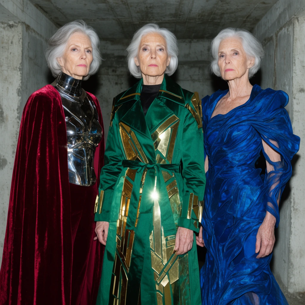 Three elderly women with short silver hair stand side-by-side in an industrial concrete bunker. They wear avant-garde garments: the left in a crimson velvet cloak over metallic armor, the center in an emerald trench coat with geometric gold plating, and the right in a sapphire sculptural dress. Bright direct flash illuminates their stern expressions against the raw concrete walls, capturing a stark editorial fashion aesthetic.