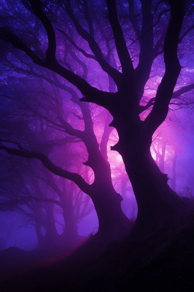 massive dark tree silhouettes, twisted branches, glowing purple and magenta fog, dense forest, backlit lighting, surreal fantasy landscape