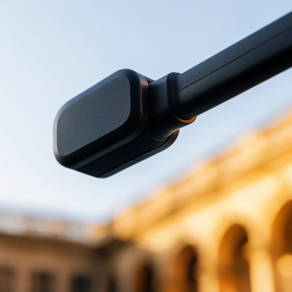 A sharply focused black mechanical arm with a rounded rectangular node extends diagonally across the upper frame. The background is heavily blurred by a shallow depth of field, revealing a pale blue sky and warm, sunlit golden architecture with out-of-focus arches in the lower right.