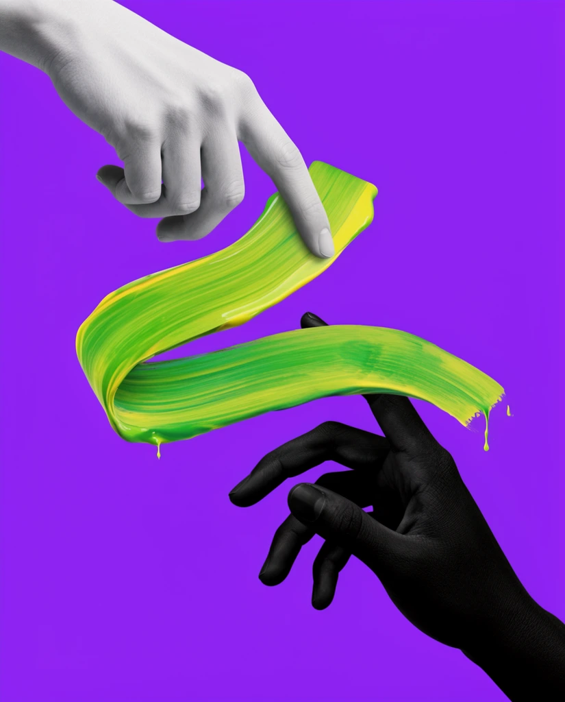 Surreal digital art composition featuring two contrasting hands interacting with a vibrant, flowing ribbon of neon green and yellow paint strokes against a solid bright purple background. The top hand descends from the upper left, rendered in stark, pale grey almost white, holding the thick ribbon of wet paint. Its index finger points downward. The bottom hand reaches up from the lower right, rendered in deep, matte black, gripping the lower end of the paint ribbon, its index finger pointing upward towards the pale hand. The paint stroke creates a dynamic, curved connection between the two hands, with visible brush textures and small drips at its ends. High contrast, clean edges, studio lighting, pop art aesthetic, conceptual illustration.
