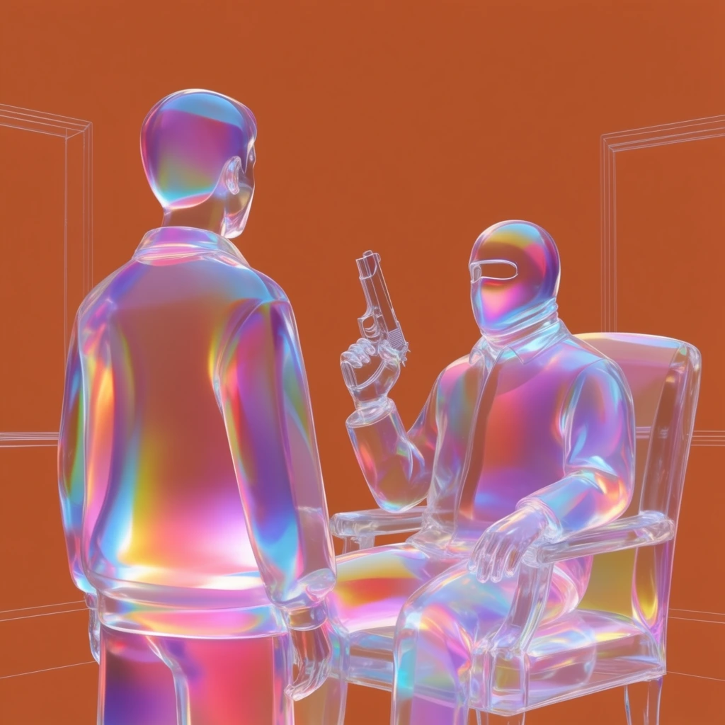 A transparent, iridescent 3D rendering depicts a person viewed from behind facing a masked figure seated in a chair holding a gun in a minimalist room. The stylized figures, chair, gun, and sparse architectural outlines are constructed entirely from smooth, clear, glass-like material. Vibrant holographic gradients of neon pink, purple, blue, and yellow follow the refractive edges and curved surfaces of the forms. Strong specular highlights emphasize the glossy, fluid geometry. The entire minimalist composition is set against a stark, flat matte terracotta orange background.