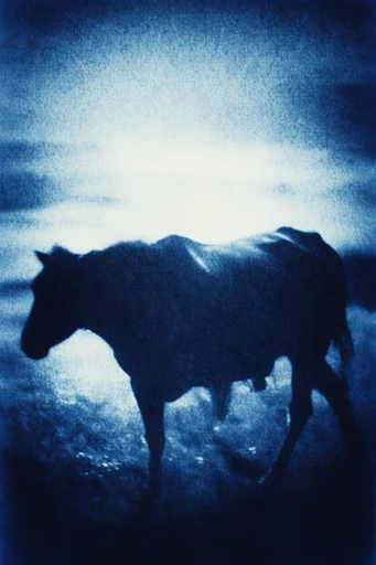 Ethereal Cyanotype Noir style reference image — heavy film grain