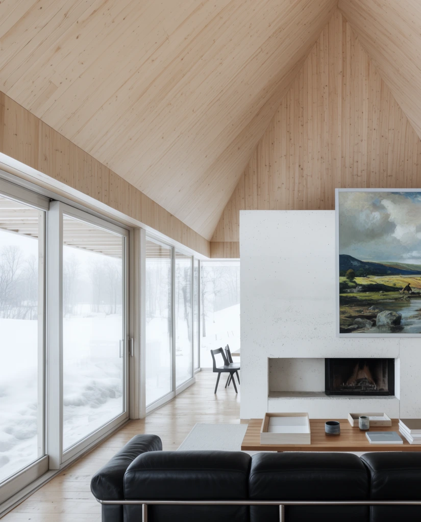 minimalist living room interior, light wood paneled pitched ceiling, sliding glass doors framing a snowy landscape, white concrete wall with built-in fireplace, black leather sofa in foreground, large landscape painting, bright diffused daylight, wide architectural shot