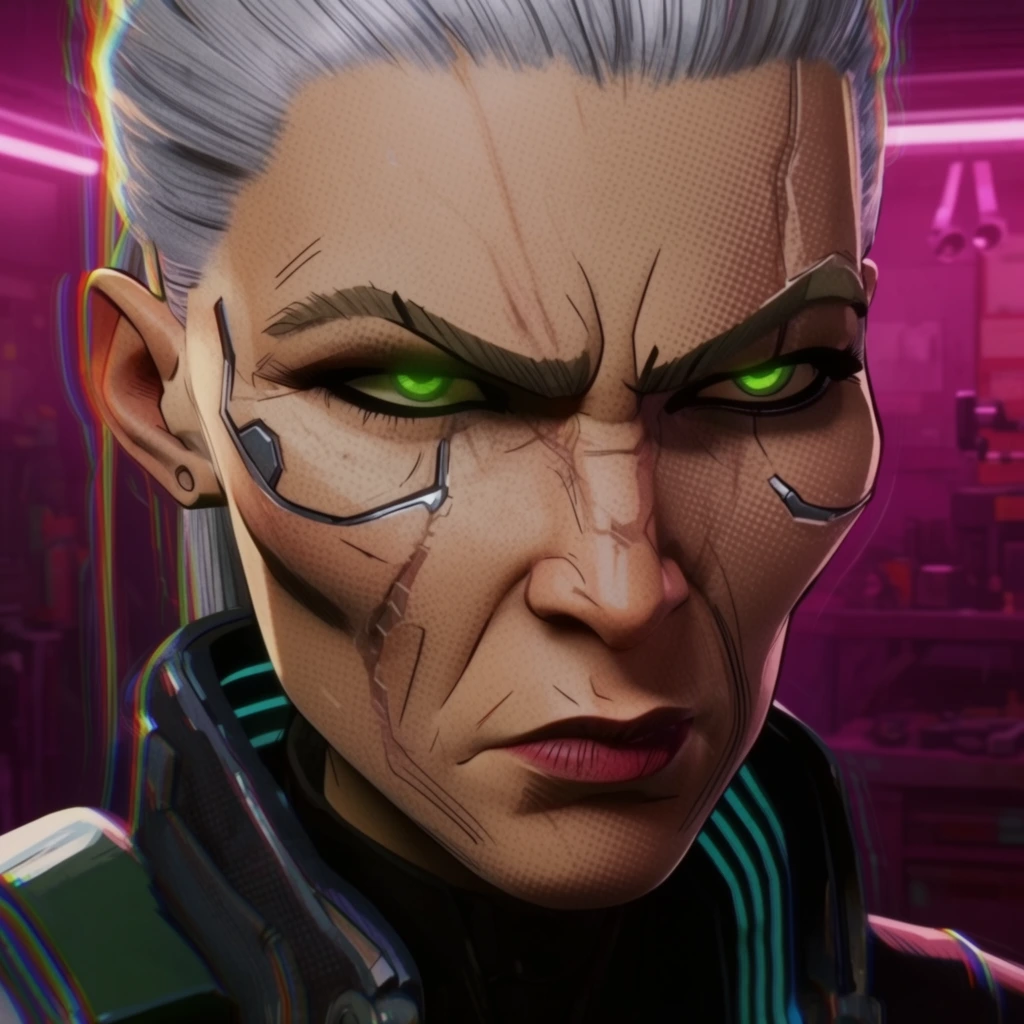 A close-up portrait of an older female cyberpunk mechanic in a stylized 3D animation format blending CGI with comic-book aesthetics. Her face fills the frame, featuring sharp cheekbones, glowing green eyes narrowed in a fierce scowl, and metallic scarring. Silver hair is pulled back tightly. Her skin is rendered with visible halftone dot patterns and cross-hatched graphic shading. The background is a deeply blurred, neon magenta-lit futuristic garage. Subtle chromatic aberration and color-fringing effects trace the edges of her profile, merging traditional illustration techniques with vibrant cinematic lighting.