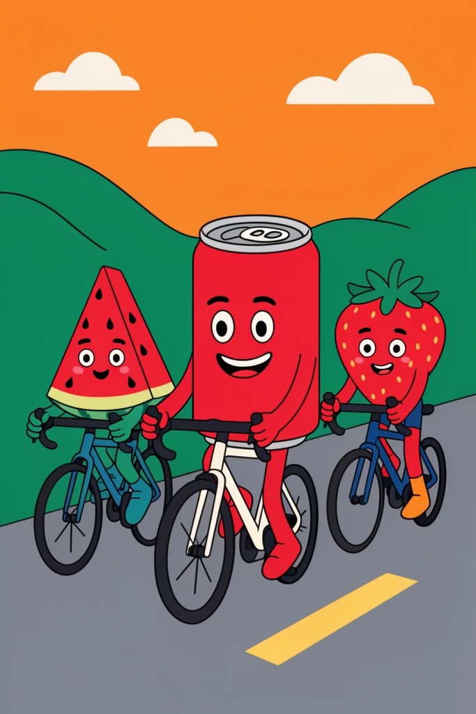 2D vector illustration, anthropomorphic red beverage can leading smiling watermelon and strawberry characters on road bikes, grey highway, green hills, orange sky, bold outlines, flat colors