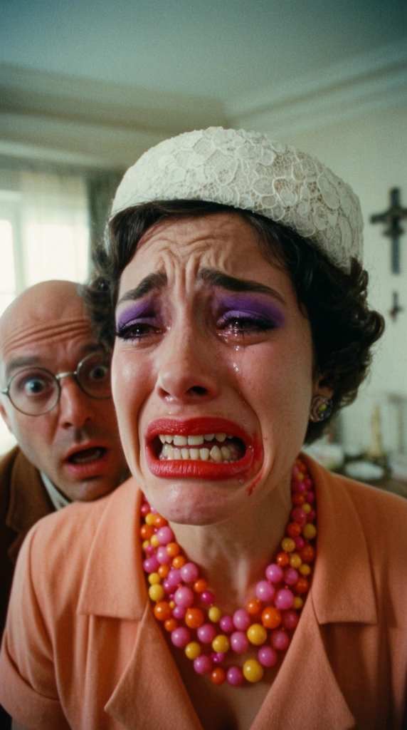 A cinematic wide-angle close-up of a woman crying hysterically while a shocked bald man stands closely behind her. Dominating the foreground, the woman's face is intensely contorted with a scrunched chin and exposed lower teeth. She has short curled dark hair under a white lace pillbox hat, vibrant purple eyeshadow, and smeared bright red lipstick. Her outfit includes a peach-colored collared top and a chunky multi-strand necklace of glossy pink, orange, and yellow beads. Just over her shoulder, the man stares forward with wide eyes and an open mouth, wearing round metal-rimmed glasses and a brown jacket. The softly blurred background reveals a pale-walled interior illuminated by diffused natural light, with a dark cross-like object mounted on the wall to the right. The composition utilizes a shallow depth of field, vintage film grain, and high color saturation.
