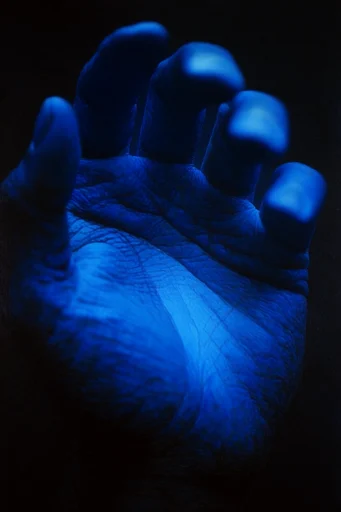 Monoliths of Cosmic Solitude style reference image — deep cobalt and crimson palette