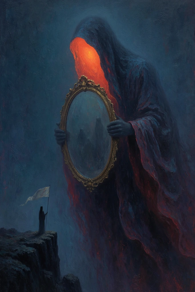 A colossal spectral figure in flowing dark blue and crimson robes holds a massive gold-framed oval mirror. A radiant orange glow illuminates the interior of its dark hood. In the lower left, a tiny silhouetted person holding a white flag stands on a rocky precipice facing the giant. Set in a hazy dark blue void, the surreal dark fantasy scene is rendered as a textured oil painting.