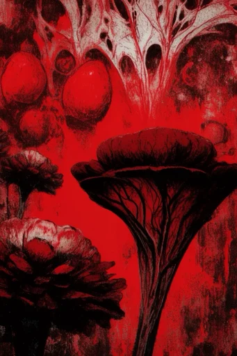 Visceral Crimson Abstraction style reference image — shattered graphic composition