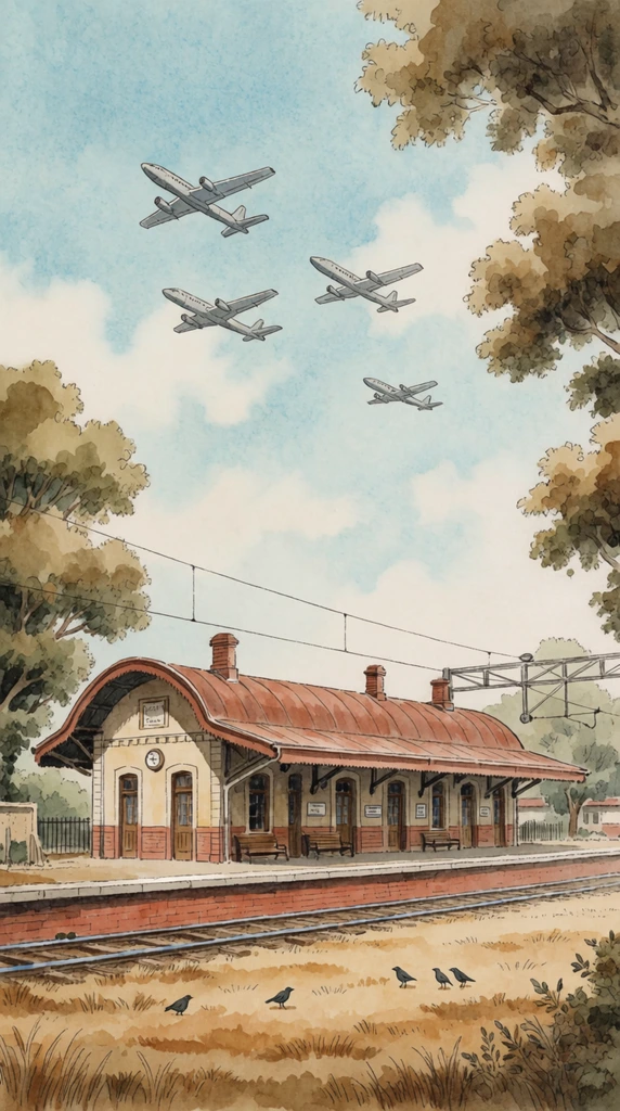 A vintage train station with a rust-colored curved roof and beige walls stands in a serene landscape beneath a pale blue sky where four silver airplanes fly in staggered formation. The raised platform features dark wooden windows, doors, benches, and overhead electrical wires. Small dark birds forage in the dry ochre grass in the foreground, framed by thick, textured tree foliage along the edges. The scene is depicted in a hand-painted watercolor illustration style with delicate linework and muted earth tones.
