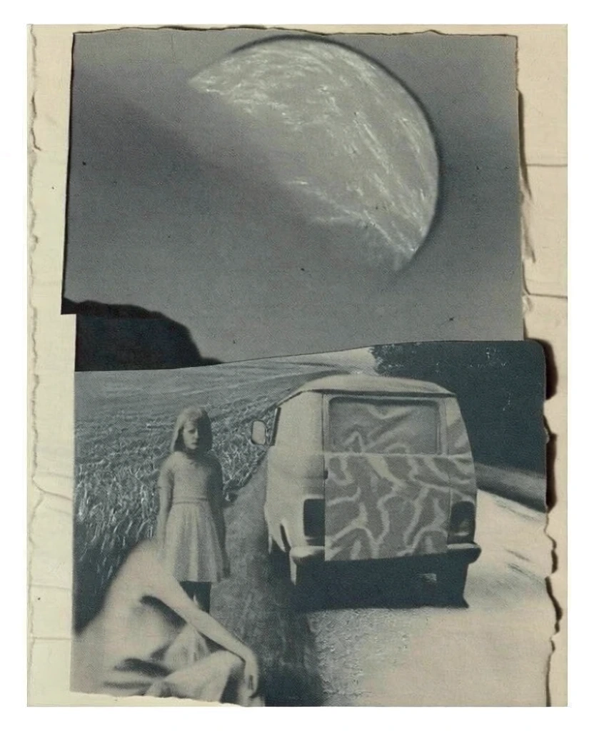 a large moon in an overcast sky in the top frame, a patterned van parked on a rural road beside a field with a girl standing and a person sitting in the bottom frame, gritty monochromatic collage with a harsh horizontal bisection, coarse halftone newsprint texture, high-contrast silver-halide grain, rough-cut tactile paper edges, surrealist photomontage aesthetic, 1970s underground zine style, lo-fi xerographic quality, diffused moody lighting, sharp tonal transitions