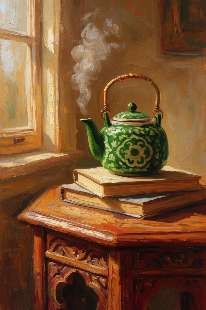 steaming patterned green teapot on stacked books, carved wooden table, sunlight from left window, thick impasto oil painting, warm palette, visible brushstrokes