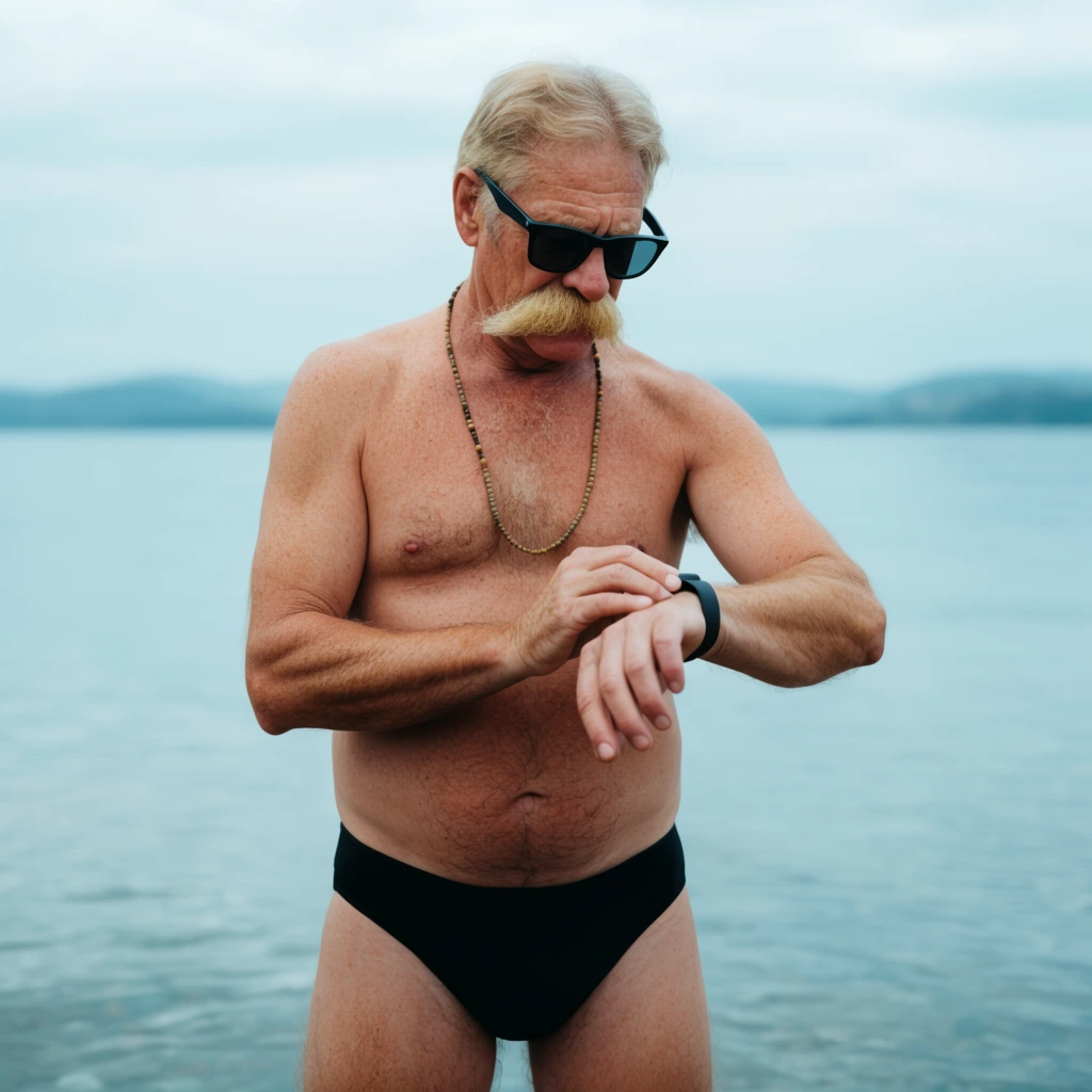 older shirtless man with thick blonde mustache, black swimsuit, black sunglasses, checking dark smartwatch on left wrist, thin beaded necklace, standing in shallow water, calm blue water, distant hazy hills, overcast sky, shallow depth of field, cinematic photography