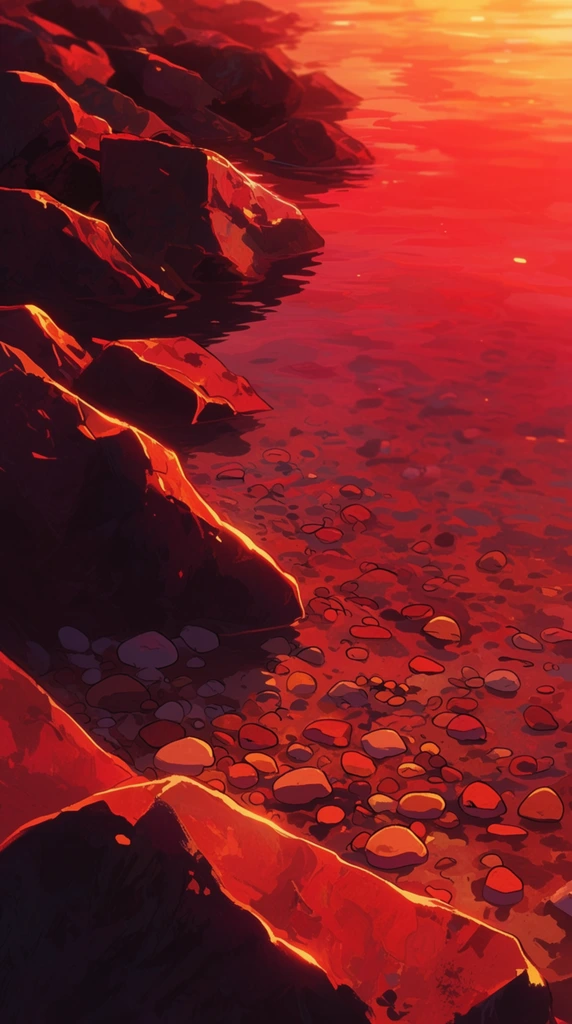 A 2D anime-style digital illustration of jagged rocks lining the edge of calm water, with scattered smooth pebbles clearly visible beneath the translucent shallows, entirely bathed in an intense crimson, scarlet, and tangerine color palette. The shoreline rocks are rendered with stark, high-contrast shading, featuring deep, nearly black maroon shadows on their unlit faces and luminous, glowing orange rim lighting outlining their sharp, angular edges. The water surface reflects a fiery, dramatic atmospheric glow, displaying smooth, vibrant gradients of blood-red and gold. Beneath the surface, the submerged pebbles are defined by crisp line work and detailed painterly shading, resting in warmly tinted liquid with heavy, dark red cast shadows. The scene exhibits expressive digital brushwork, cinematic backlighting, and a stylized, highly saturated monochromatic warmth, merging sharp foreground precision with radiant, atmospheric color washes.