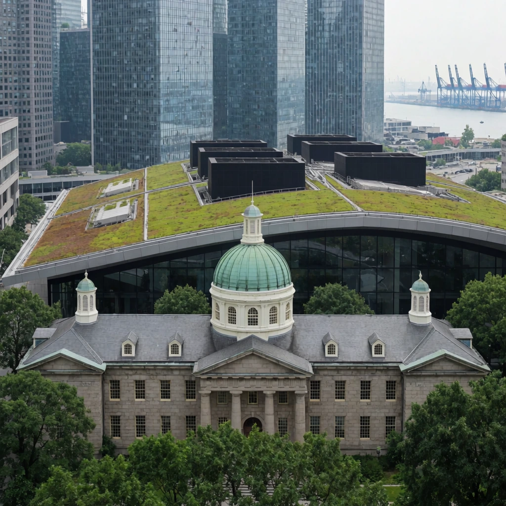 classical stone building featuring a green copper dome and grey roof with white cupolas, framed by lush green trees, large modern structure directly behind with a curved living green roof and black rectangular vents, dense backdrop of tall glass skyscrapers, distant harbor with industrial cranes, hazy overcast daylight, elevated high-angle perspective, architectural photography, juxtaposition of historic and contemporary urban environments