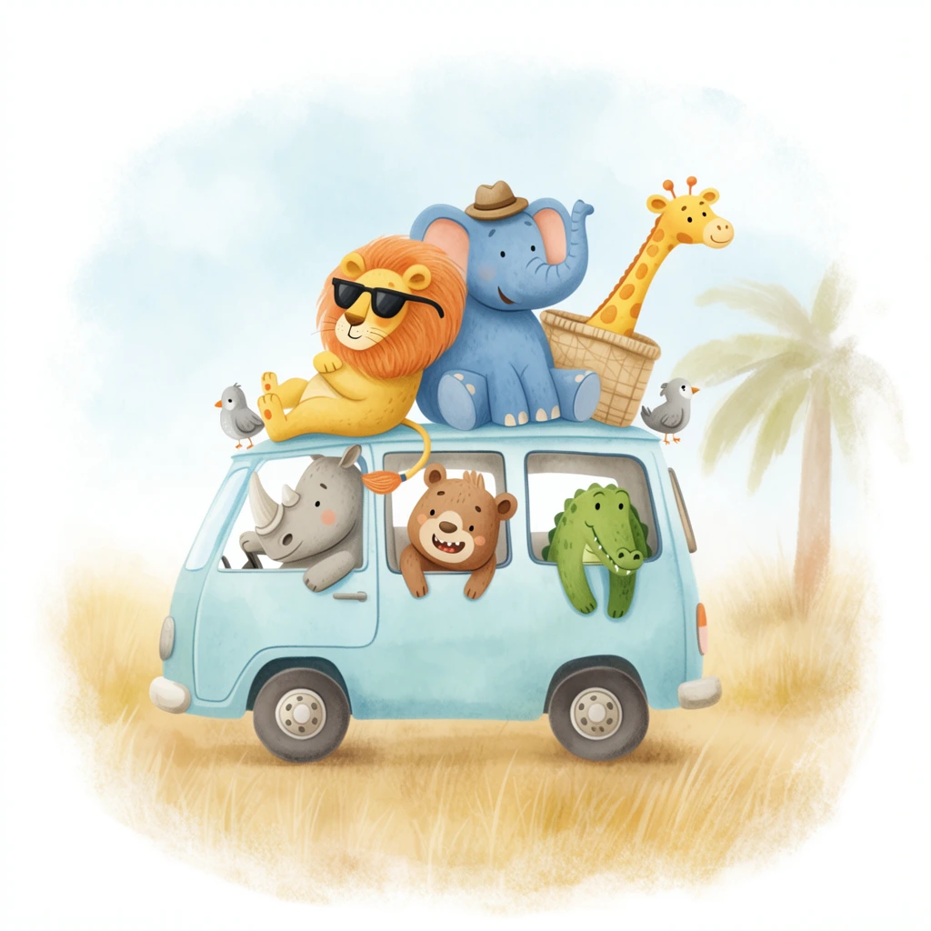Cartoonish animals are crammed into and onto a light blue vintage van driving through a grassy savanna in this whimsical watercolor-style illustration. On the roof, a lion with an orange mane and black sunglasses lounges casually beside a blue elephant wearing a small brown hat, while a yellow giraffe peeks from a woven basket. Two grey birds perch on the roof edges near a dangling striped tail. Inside, a grey rhinoceros drives, a grinning brown bear-like creature leans out the middle window, and a green alligator hangs from the rear window. The surrounding landscape consists of golden-tan grass, a faded palm tree, and a soft blue sky. The artwork features soft, textured vignette edges fading into a pure white background, utilizing a gentle pastel color palette and warm shading for a lighthearted children's book aesthetic.