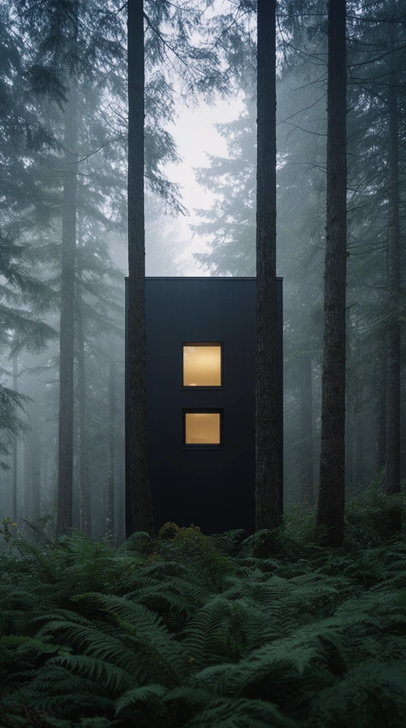 A minimalist matte black rectangular cabin stands partially obscured behind tall straight tree trunks in a dense foggy evergreen forest. Two stacked square windows pierce the dark facade, the top emitting warm yellow light. Lush dark green ferns fill the immediate foreground. The surrounding environment fades into a cool-toned hazy atmospheric mist. Cinematic architectural photography with strong vertical lines and moody color grading.