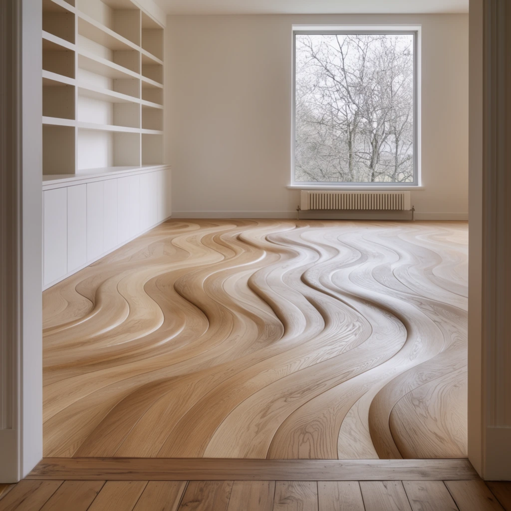 Striking light oak hardwood floors composed of undulating, organic wavy planks flow seamlessly across an empty minimalist interior. A white built-in shelving unit with open cubbies and lower cabinets lines the left wall. A large rectangular window on the far off-white wall frames bare trees above a low radiator. Soft natural daylight illuminates the smooth curves of the wood grain, emphasizing its fluid architectural lines. The perspective is captured from a doorway threshold featuring straight wooden floorboards in the immediate foreground.